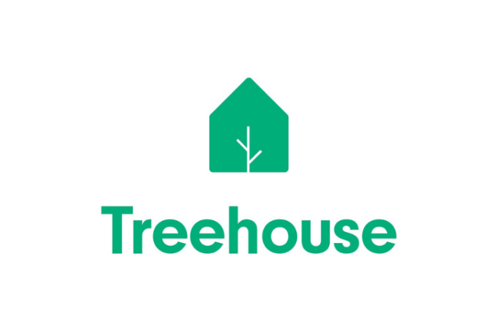 Treehouse logo with a green house and a tree in the middle of it.