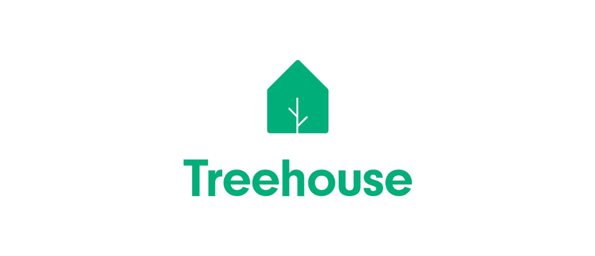 Treehouse logo with a green house and a tree in the middle of it.